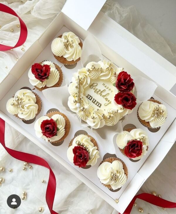 Custom Bento Cake with 8 Cupcakes - Chocolate, Lotus, Vanilla, Caramel, Strawberry | Rashiya Delights
